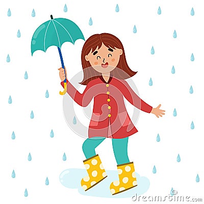 Cute girl enjoying the rain. Kid wearing a raincoat with umbrella. Rainy day vector illustration Vector Illustration