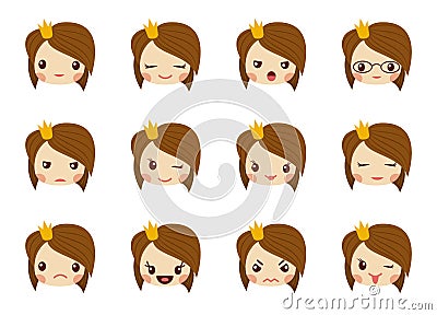 Cute girl face with red bow showing the different emotions vector illustration. Vector set of emoji Vector Illustration