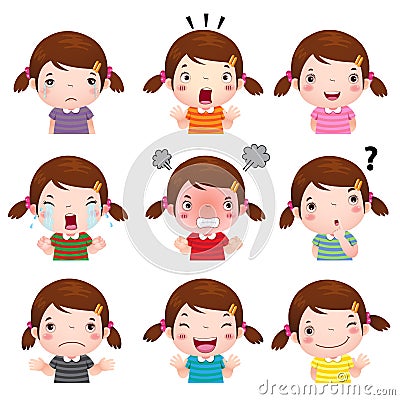 Cute girl faces showing different emotions Vector Illustration