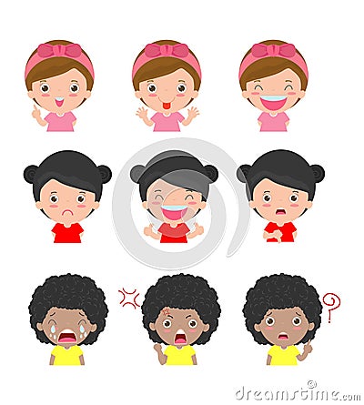 Cute girl faces showing different emotions,Set of children expressions on white background, Expression set of kids,vector Vector Illustration