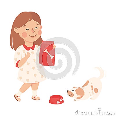 Cute Girl Feeding the Dog Doing Housework and Housekeeping Vector Illustration Vector Illustration