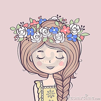 Cute girl in flower wreath. Beautiful girl with braid and flowers. Vector Illustration