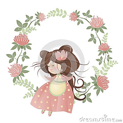 Cute girl in flower wreath Vector Illustration