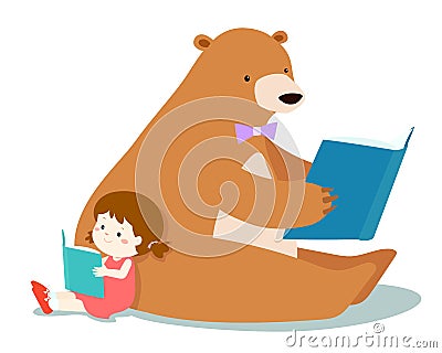 Cute girl and fluffy bear are reading a book . Vector Illustration