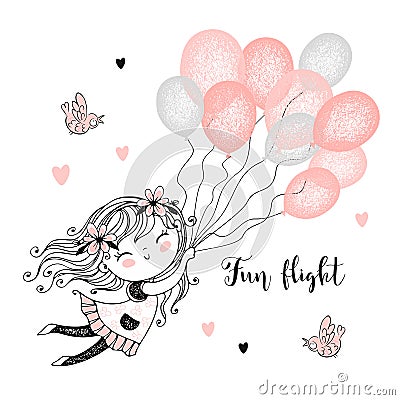 Cute girl flying balloons. Vector illustrations. Cards Stock Photo