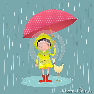 Cute girl and friends with red umbrella in rainy season Vector Illustration