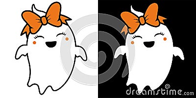 Cute Girl ghost With Orange bow - Halloween hand drawn on t-shirt design, greeting card or poster design Background Vector Vector Illustration