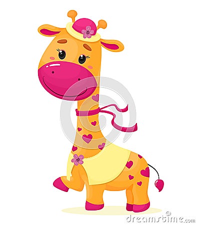 Cute girl giraffe with a hat and a ribbon. Vector illustration in cartoon flat style. White background. Vector Illustration