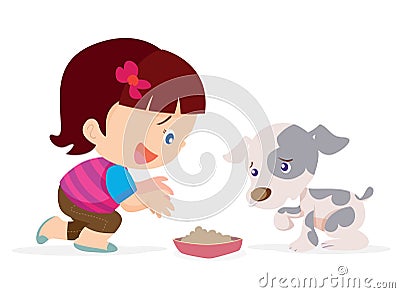 Cute girl give food dog Vector Illustration