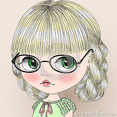 Cute girl in glasses with pigtails. Vector Illustration