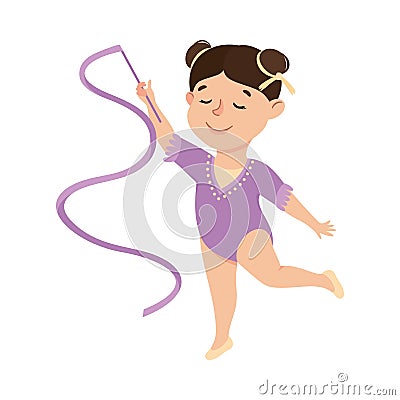 Cute Girl Gymnast Doing Exercise with Ribbon, Kid Doing Sports, Active Healthy Lifestyle Concept Cartoon Style Vector Vector Illustration