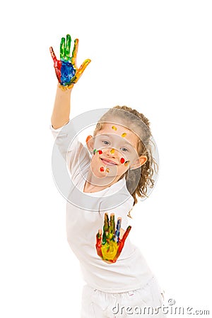 Cute girl with hands in paints Stock Photo