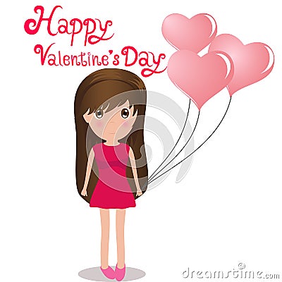 Cute girl Happy Valentine' s Day holding balloons heart. Vector Illustration