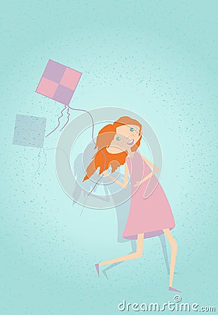 Cute girl having fun with kite. Vector illustration. Vector Illustration