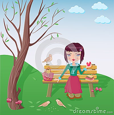 Cute girl having lunch in the park Vector Illustration