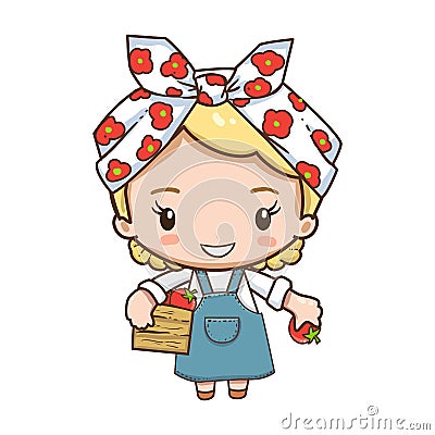 Cute girl in headscarf holding red tomato and wooden box Vector Illustration