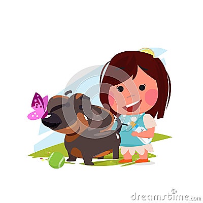 Cute girl with her dog. pet lover concept. dachshund- vector Vector Illustration