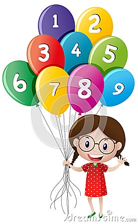 Cute girl holding balloons with numbers Cartoon Illustration