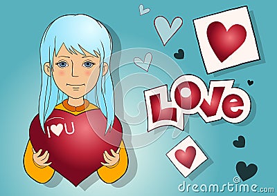 Cute girl holding a big heart Happy Valentine's Day background Vector Illustration