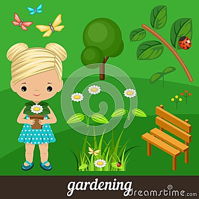 Cute girl holding flower in garden Vector Illustration