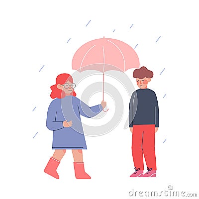 Cute Girl Holding Umbrella Over Boy in Rainy Weather, Polite and Kind Kids, Good Manners Concept Vector Illustration Vector Illustration