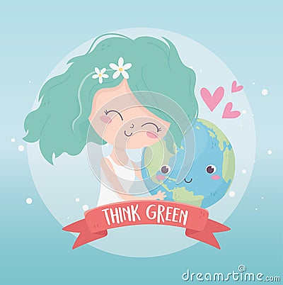 Cute girl holding world love environment ecology Vector Illustration