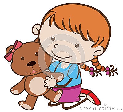 Cute girl hugging brown teddybear Vector Illustration
