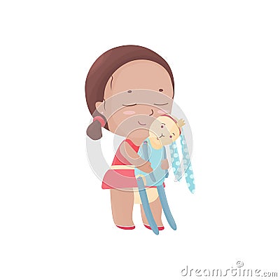 Cute girl hugs her stitched rabbit toy. Vector Illustration