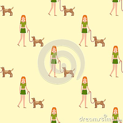 Cute girl human character holding strongly cuddling dog seamless pattern vector illustration of happy kid and pet. Vector Illustration