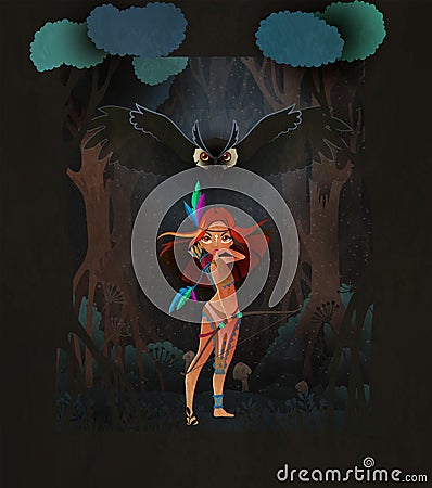 Cute girl huntress with bow standing in front of flying owl and night forest. Fairy tale illustration Vector Illustration