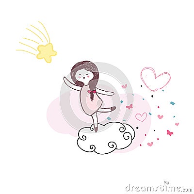 Cute girl jump on the cloud for touch yellow star with pink hear Vector Illustration