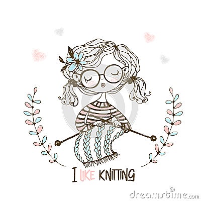 A cute girl knits a scarf on her knitting needles. Vector Stock Photo