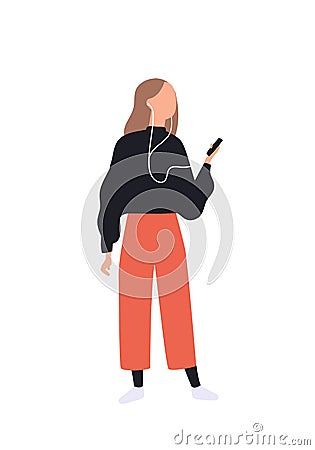 Cute girl listening to music via smartphone. Funny young woman with audio player and earphones. Recreational activity Vector Illustration