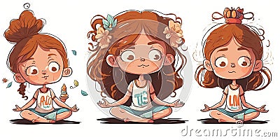 Cute girl in lotus pose practicing yoga side pose, cartoon style Stock Photo