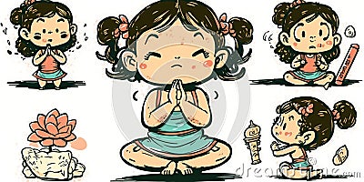 Cute girl in lotus pose practicing yoga side pose, cartoon style Stock Photo