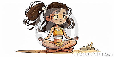 Cute girl in lotus pose practicing yoga side pose, cartoon style Stock Photo