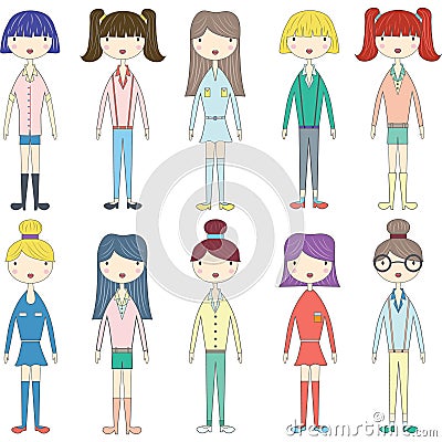 Cute Girl,Lovely Girls,Fashion Style Girl set Vector Illustration