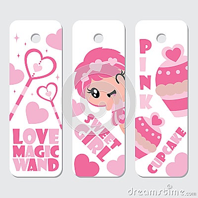 Cute girl, magic wand, and cupcake cartoon illustration for Valentine label tags design Cartoon Illustration