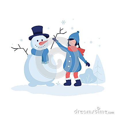 Cute girl making a snowman vector illustration in flat design. Winter background with trees, bushes and flying Vector Illustration