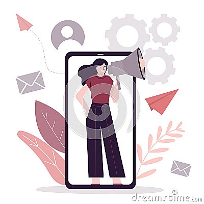 Cute girl with megaphone advertises new social network. Female character with loudspeaker promote new product Vector Illustration