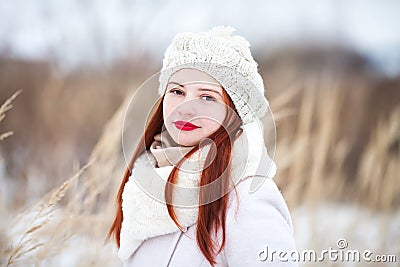 Cute girl outdoors on a sunny winter day. Stock Photo