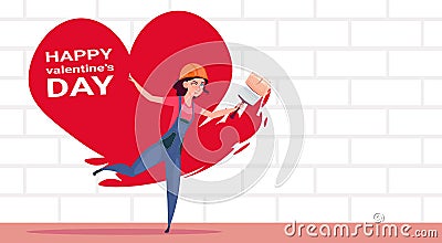 Cute Girl Painter Paint Red Heart Shape On White Brick Wall Happy Valentines Day Decoration Concept Vector Illustration