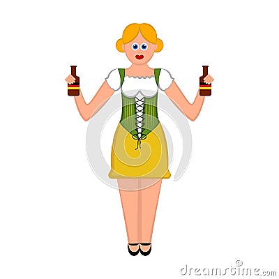 Cute girl with pair of beer bottles. Oktoberfest Vector Illustration