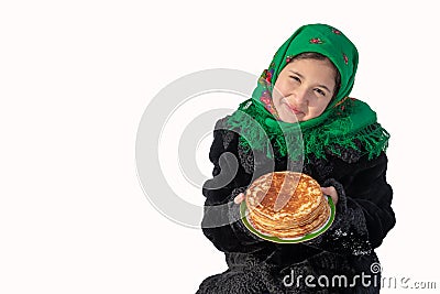 Cute girl with pancakes isolated on white background. Shrovetide Stock Photo