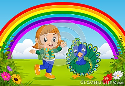 Cute girl and peacock at park with rainbow scene Vector Illustration