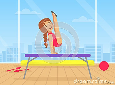 Cute Girl Performing Gymnastic Exercise on Uneven Bars, Gymnast Girl with Ribbon Taking Part in Rhythmic Gymnastics Vector Illustration