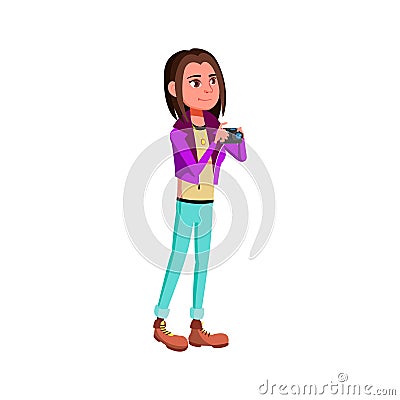 cute girl photographing panoramic view on photo camera cartoon vector Vector Illustration