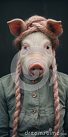 Soft-focus Algeapunk Portrait: Pig With Braided Braids And Trachten Stock Photo