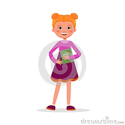 Cute girl with pigtails in dress with a book and backpack isolated on white background. Funny student girl in flat Vector Illustration