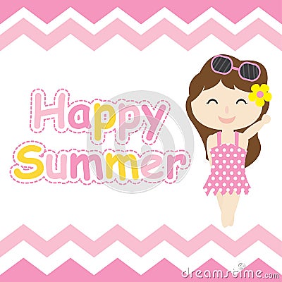 Cute girl on pink chevron frame cartoon, Summer postcard, wallpaper, and greeting card Vector Illustration